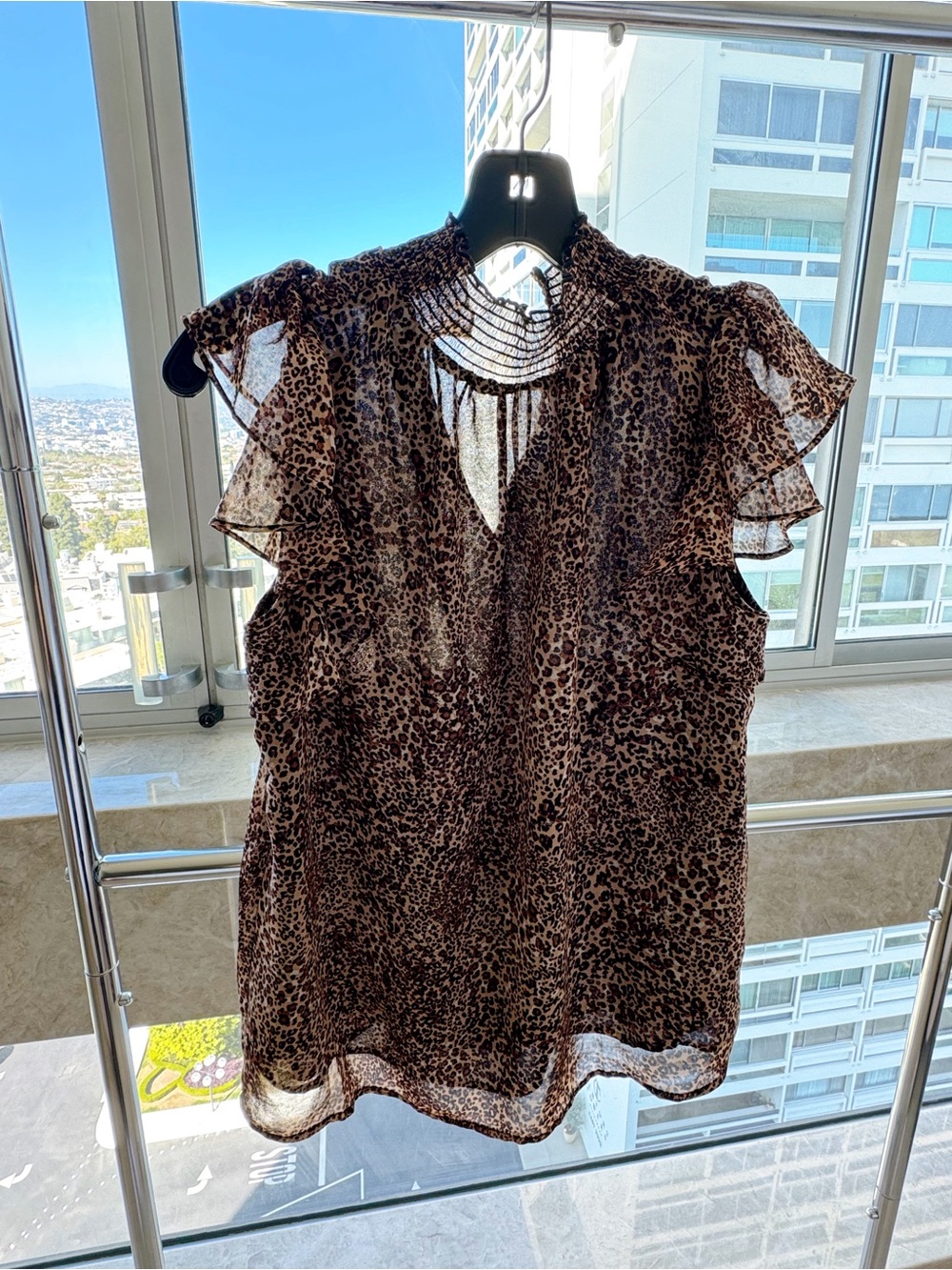 1. State Brown Leopard Print Ruffle Mock Neck Sleeveless Blouse